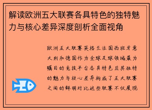 解读欧洲五大联赛各具特色的独特魅力与核心差异深度剖析全面视角 解读欧洲五大联赛各具特色的独特魅力与核心差异深度剖析全面视角